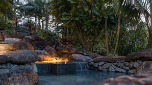 Un jardin de rocaille agrémenté d’un élément aquatique et de plantes tropicales.
