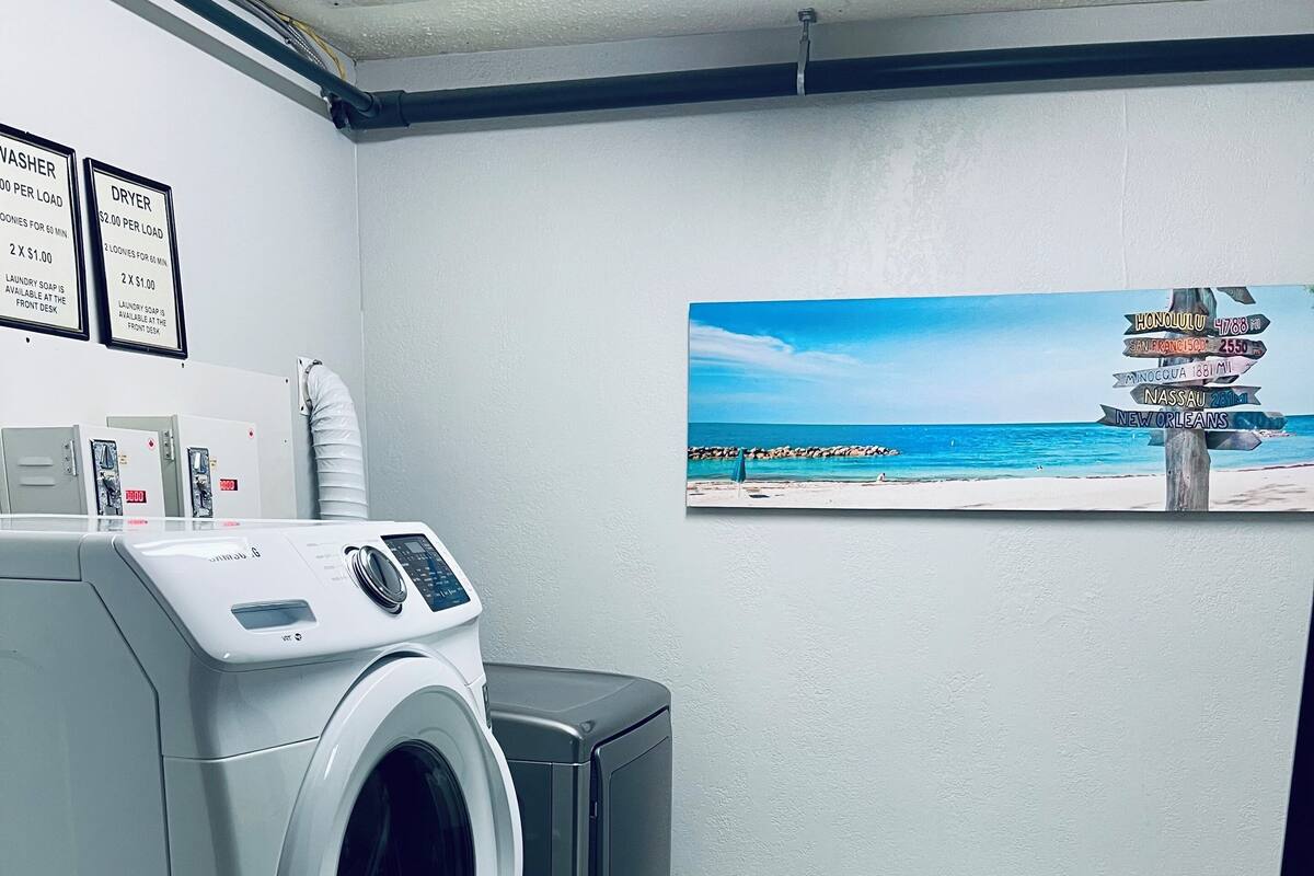 Une buanderie équipée d’un lave-linge, d’un sèche-linge et d’un panneau mural représentant un paysage de plage.
