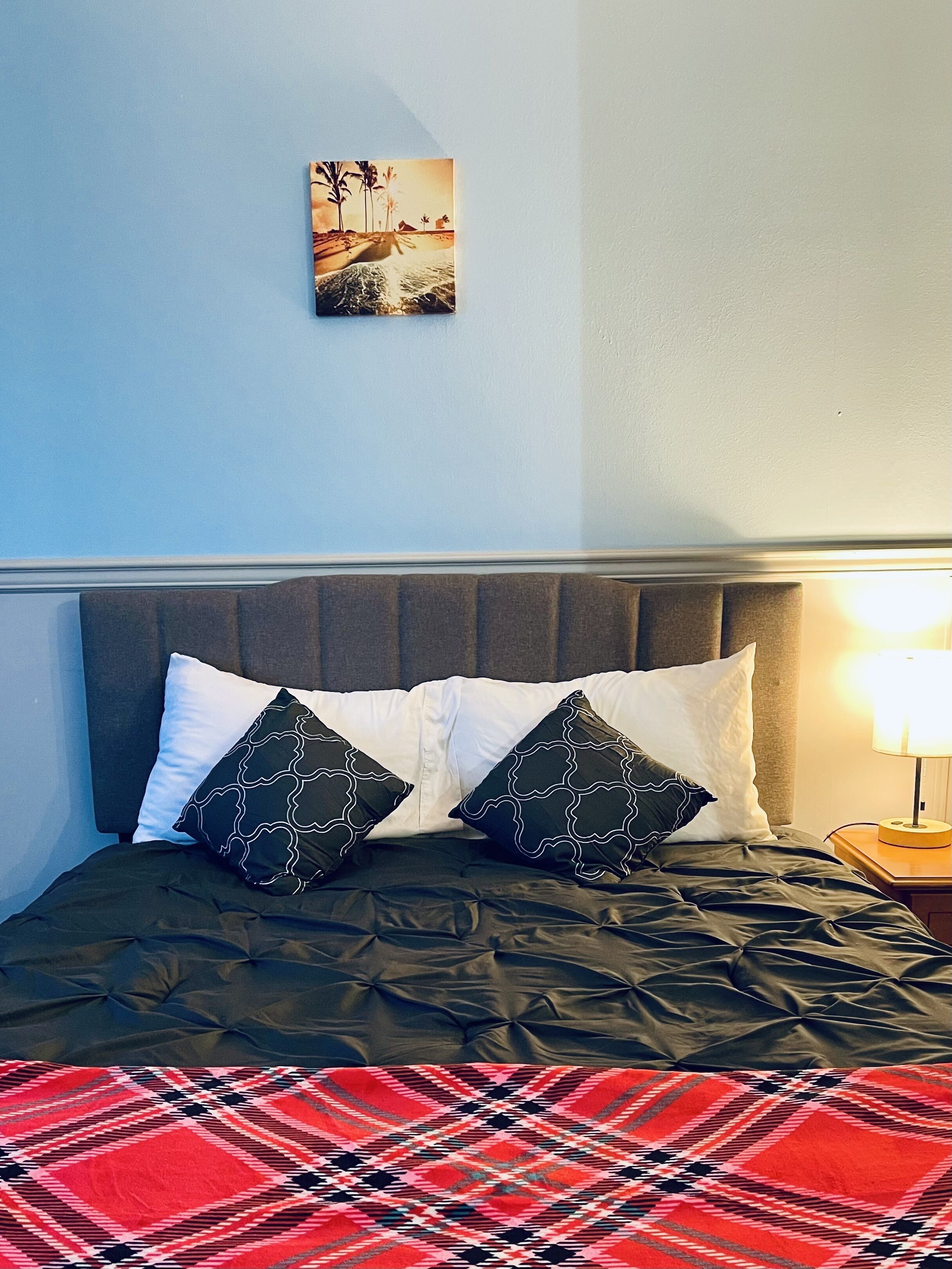 A neatly made bed with a dark-colored duvet and two patterned pillows, a red and black checkered blanket, a wall-mounted picture of a beach scene, and a bedside lamp on a wooden nightstand.