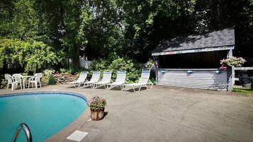 Seasonal outdoor pool, sun loungers