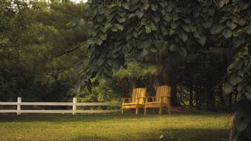 A grassy area with a white fence, two wooden chairs, and a tree with dense foliage.