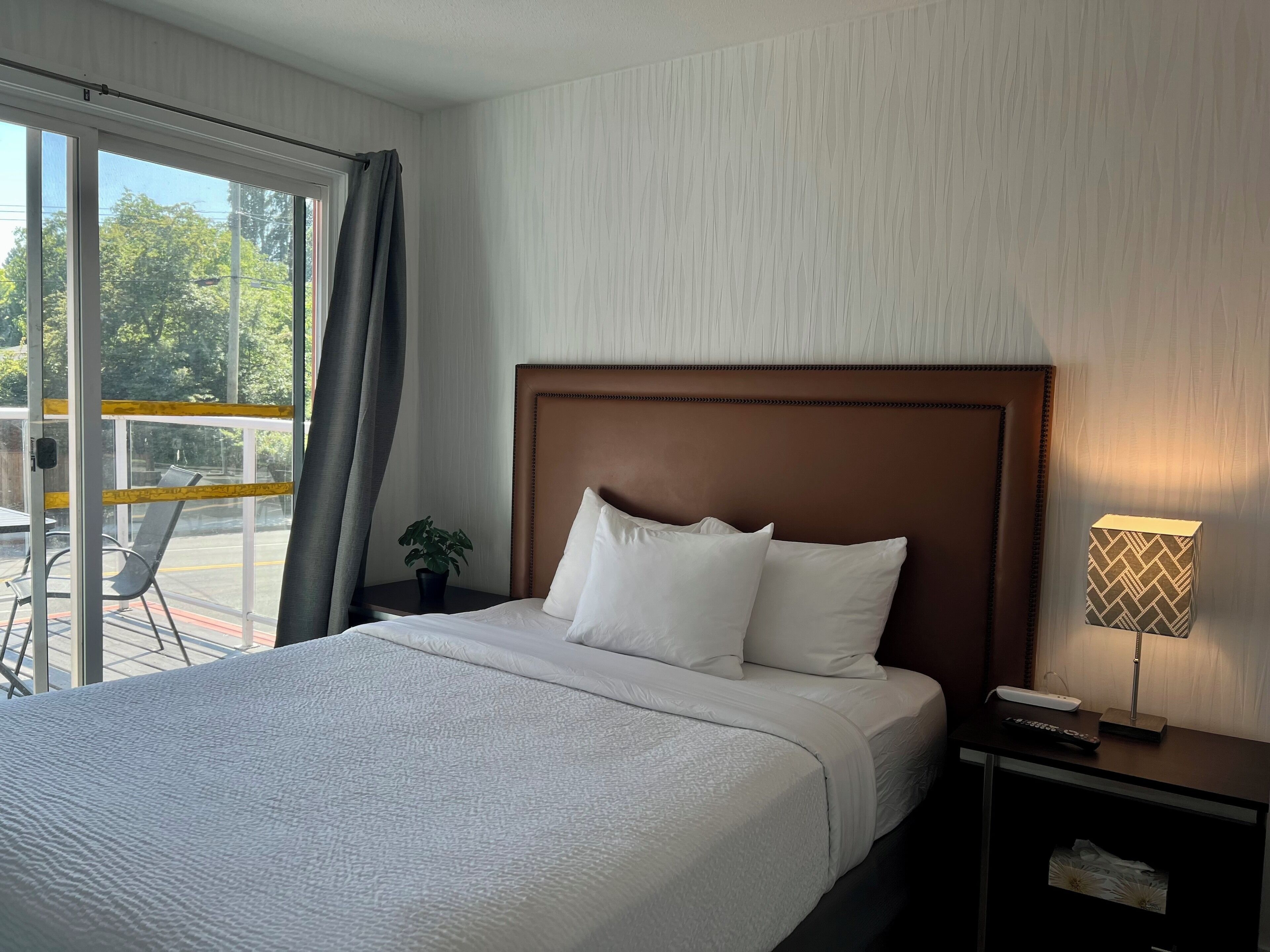 A hotel room with a large bed, a nightstand with a lamp, a potted plant, and a view of the outdoors through a sliding glass door.