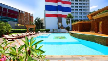 Outdoor pool, pool umbrellas, pool loungers