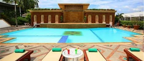 Outdoor pool, pool umbrellas, pool loungers