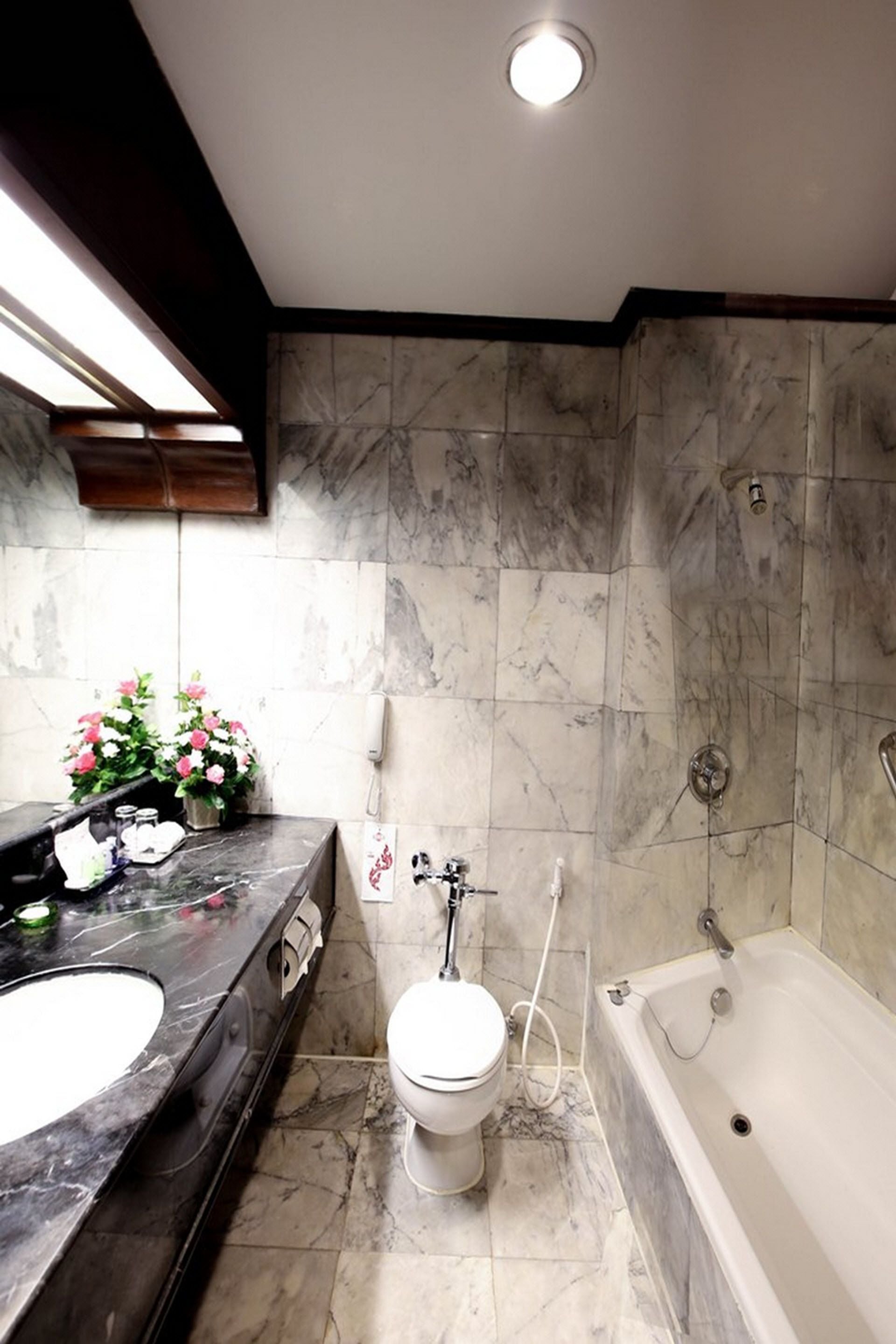 combined shower/bathtub, free toiletries, hair dryer, towels