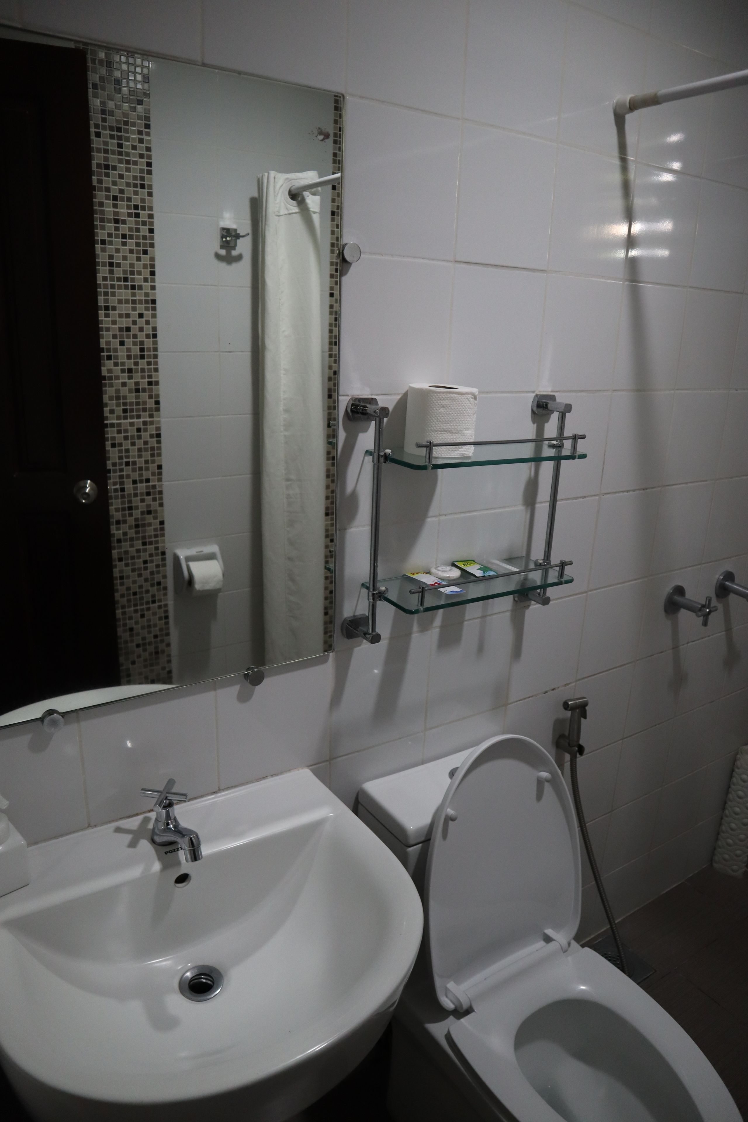 Une salle de bain avec un lavabo blanc, des toilettes et une étagère en verre où sont rangés les produits de toilette.