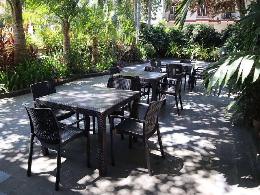 Un patio al aire libre con varias mesas y sillas, rodeado de exuberante vegetación y palmeras.