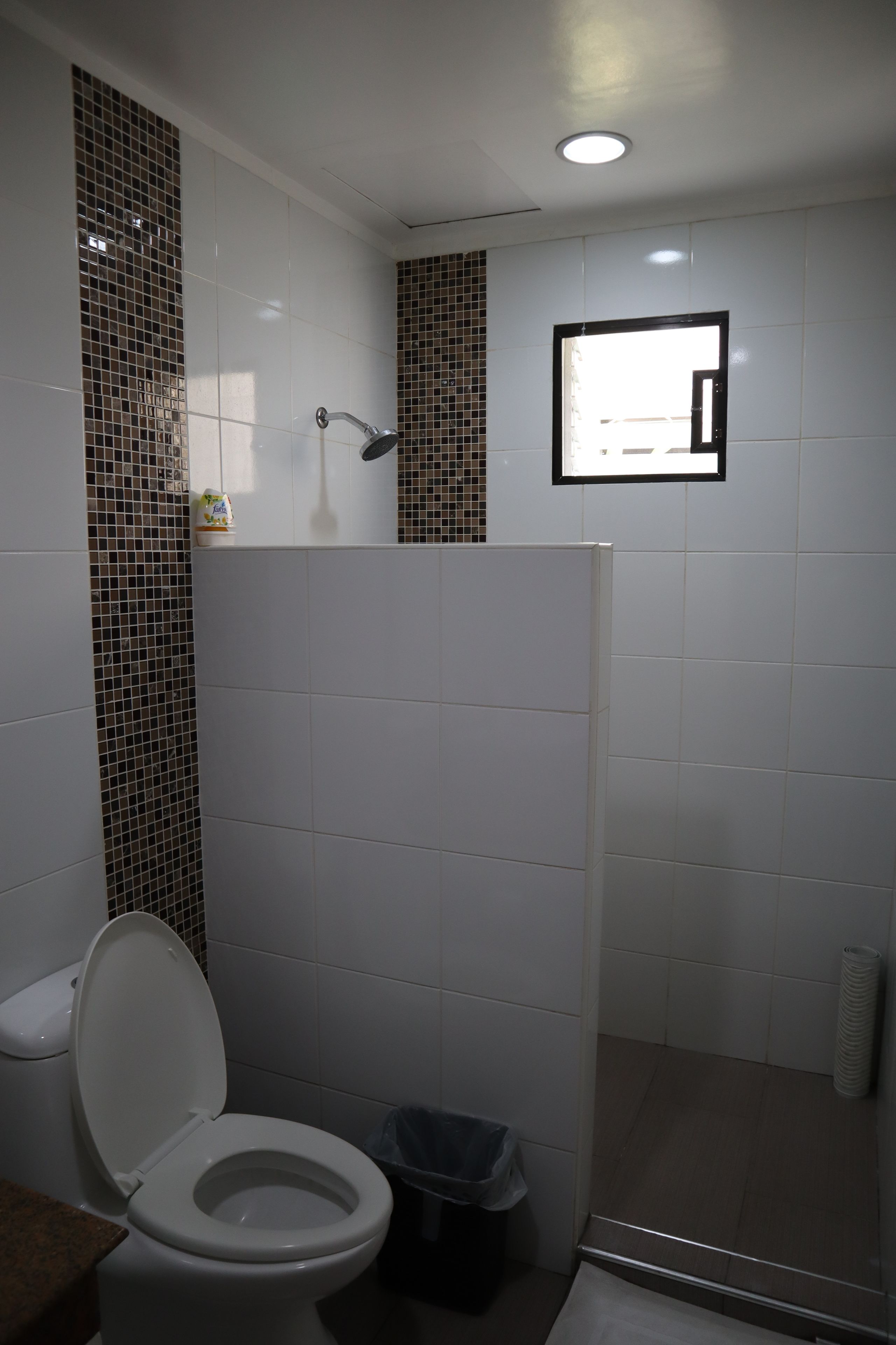 Ein Badezimmer mit Toilette, Duschkabine und Fliesen.