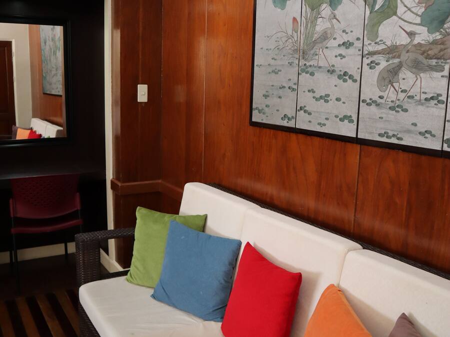 Un salon moderne avec un canapé blanc, des coussins colorés, un mur recouvert de panneaux en bois et une œuvre d’art encadrée représentant des oiseaux et des plantes aquatiques.