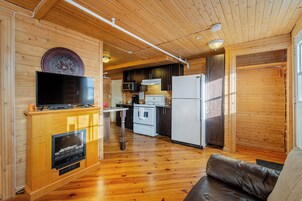 Um interior acolhedor de madeira, com televisão, lareira, área de cozinha e um sofá.