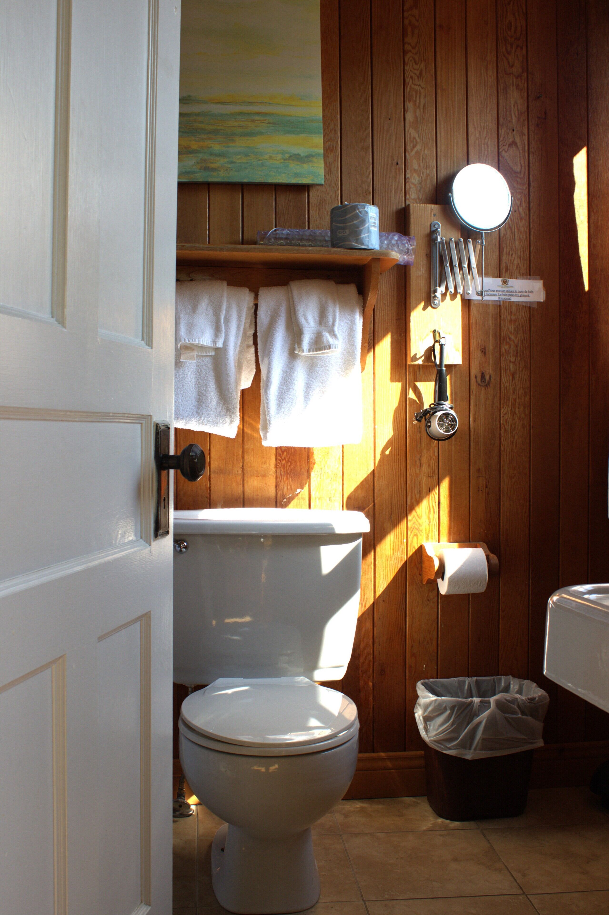A bathroom with a toilet, a sink, and a shower area.