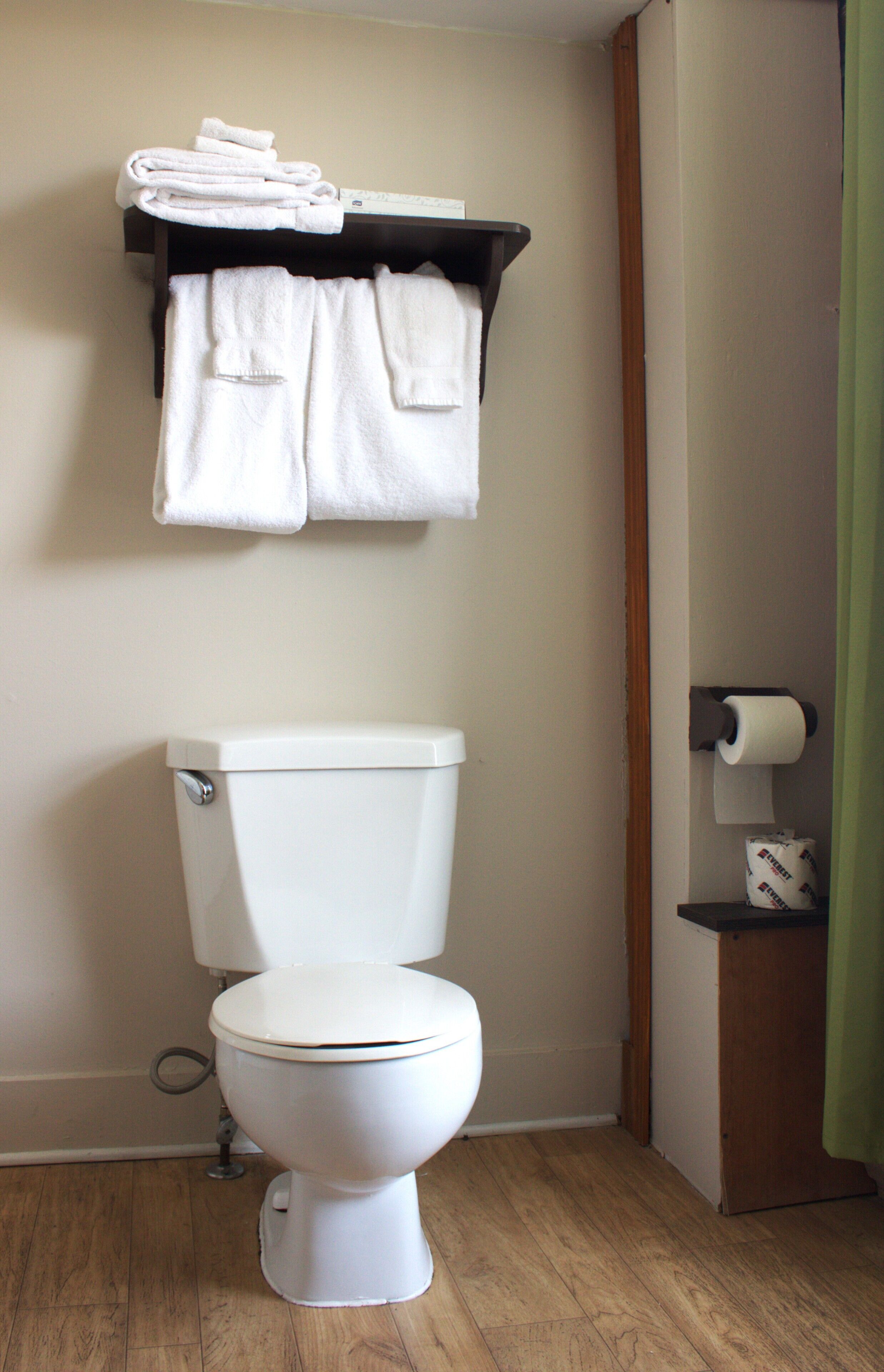 Un baño con inodoro, un perchero con toallas dobladas, un dispensador de papel higiénico y una cortina verde.