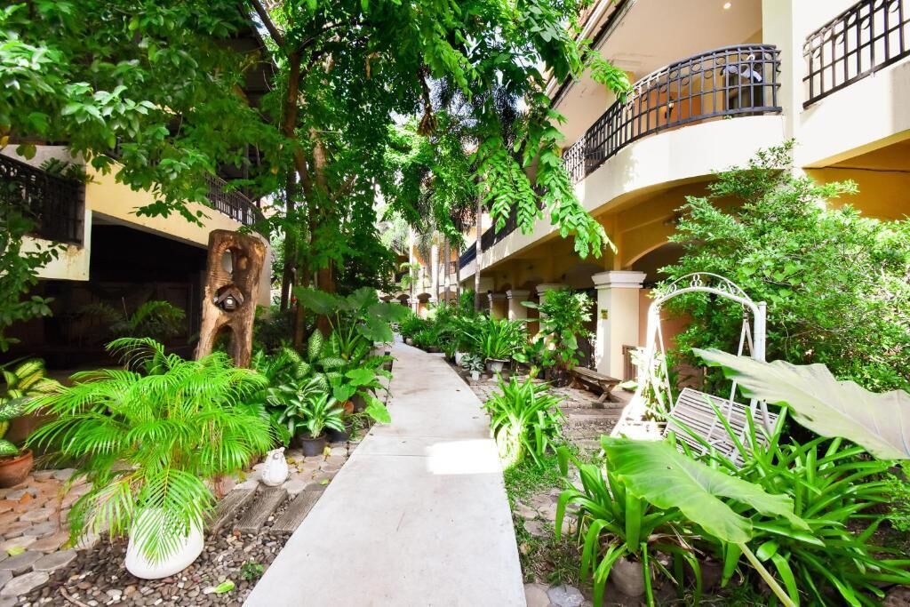 A courtyard with a central pathway surrounded by lush greenery and potted plants.