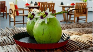 Two green coconuts with flowers on a red tray on a table with a woven mat underneath. - Boutique Beach (Dhigurah)