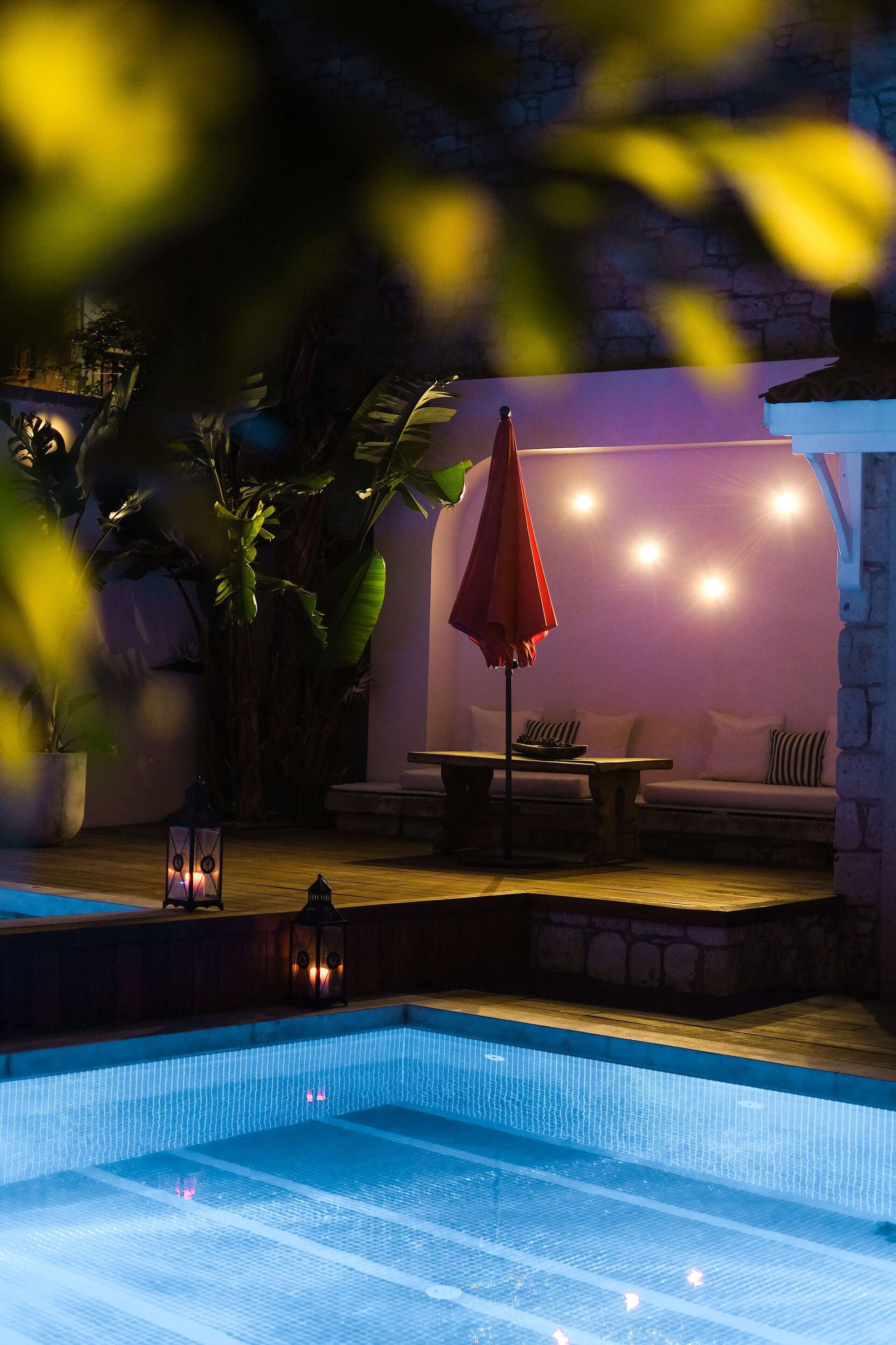 Outdoor pool, pool umbrellas, pool loungers