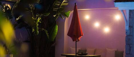 Outdoor pool, pool umbrellas, pool loungers