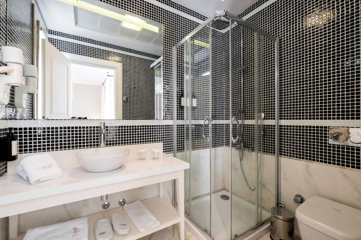 Shower, free toiletries, hair dryer, bathrobes