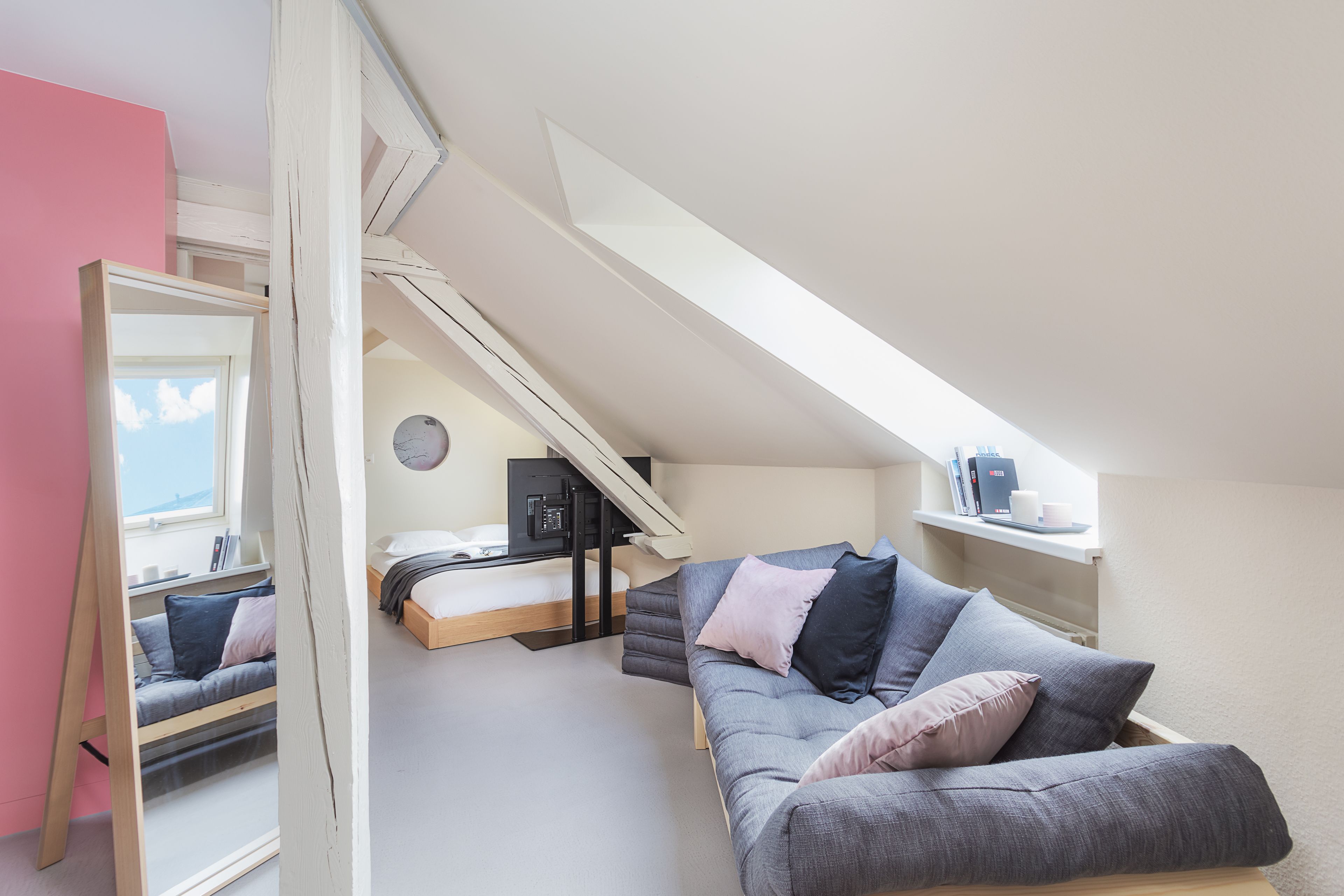 Une pièce compacte comprenant un lit en mezzanine, un canapé, un bureau et une bibliothèque.