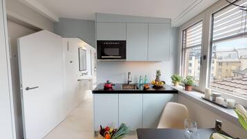 Studio Apartment Mini | Private kitchenette | Full-size fridge, microwave, stovetop, coffee/tea maker