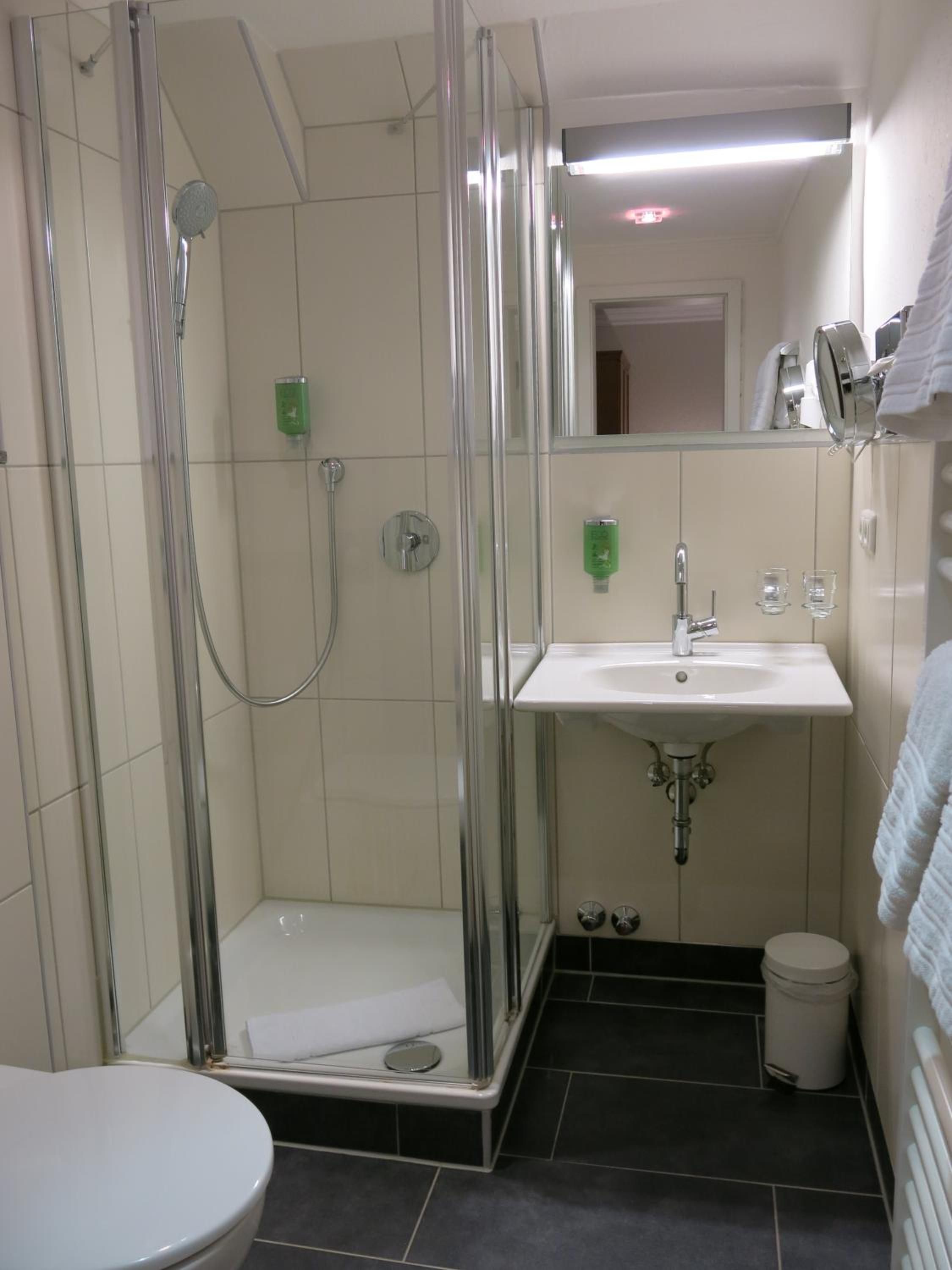 Une salle de bain avec une douche à parois de verre, un lavabo blanc et des toilettes.