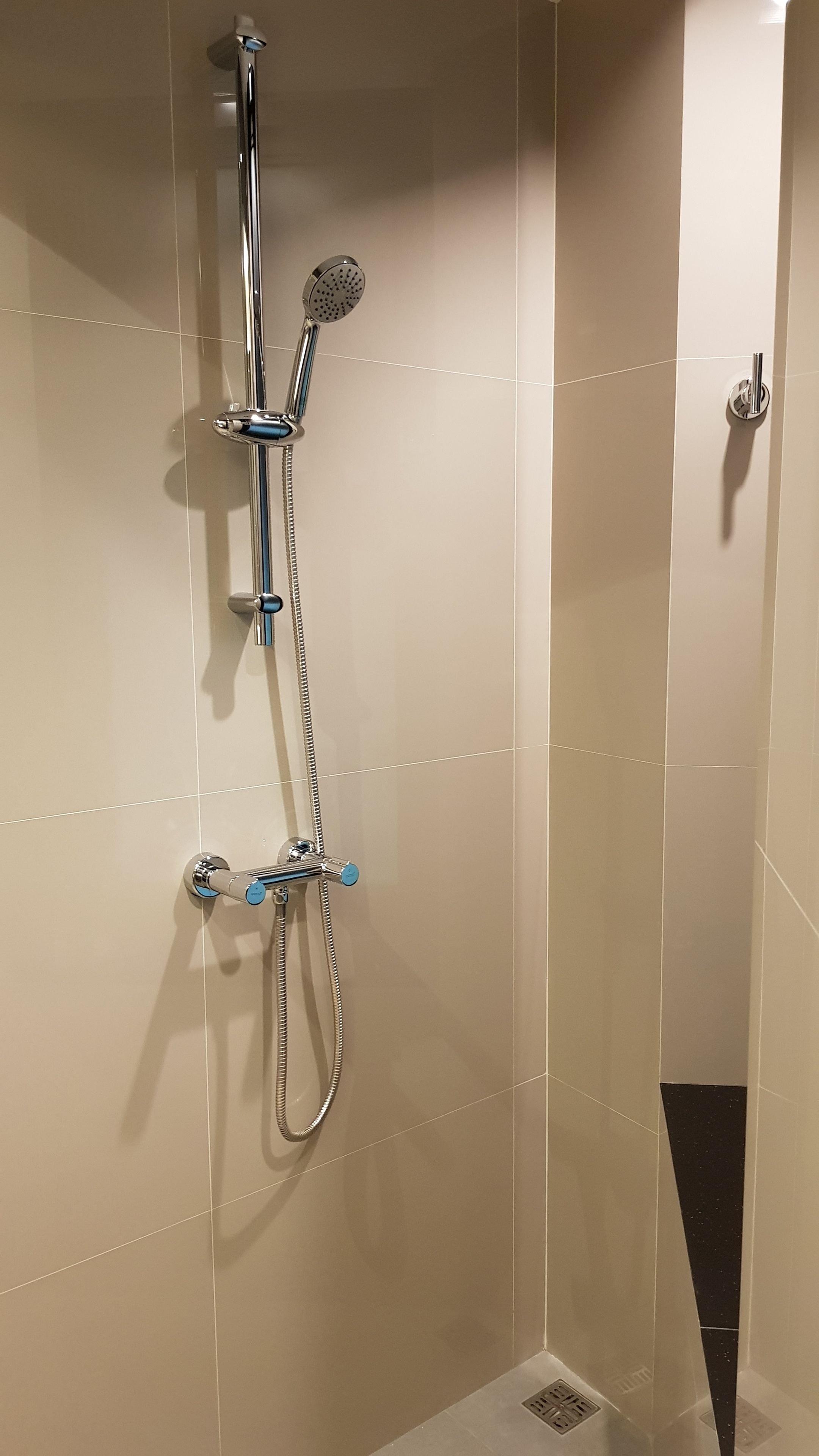 A shower with a handheld showerhead and a handheld hose.