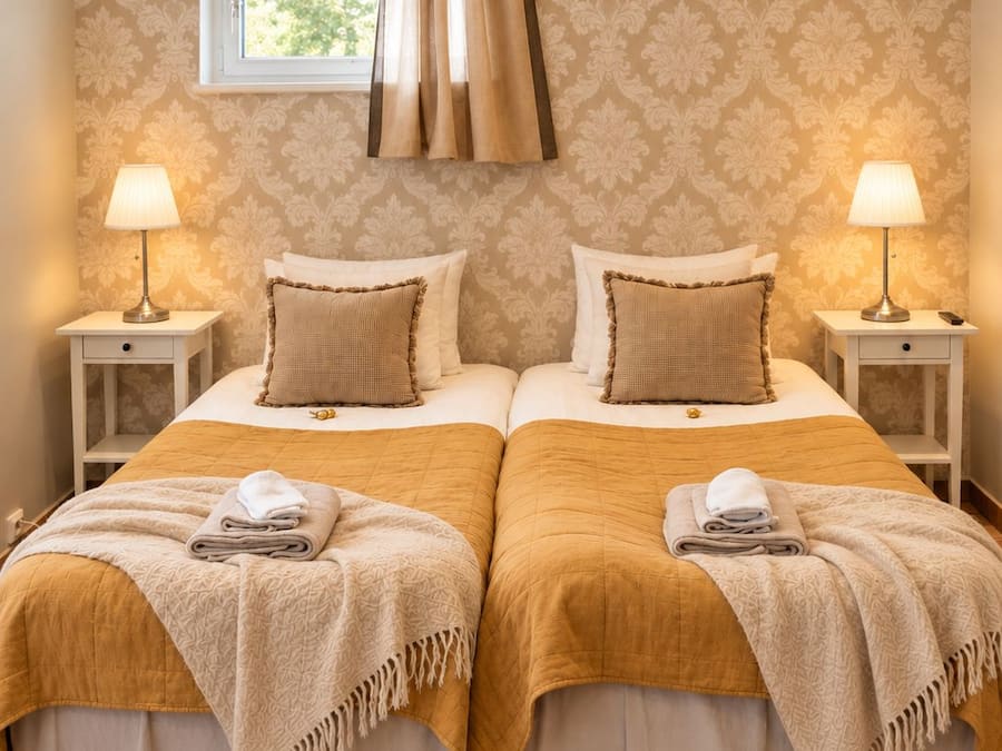 A double room with two beds, each with a bedside table, lamps, and a window with curtains.