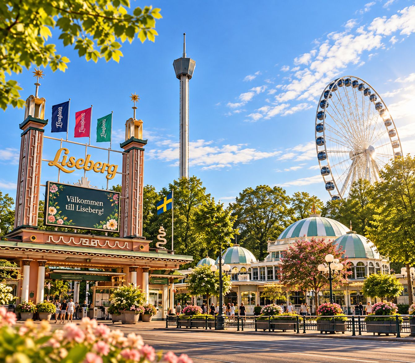 A park with a Ferris wheel, a tall tower, and a building with a sign that reads 'Liseberg.'