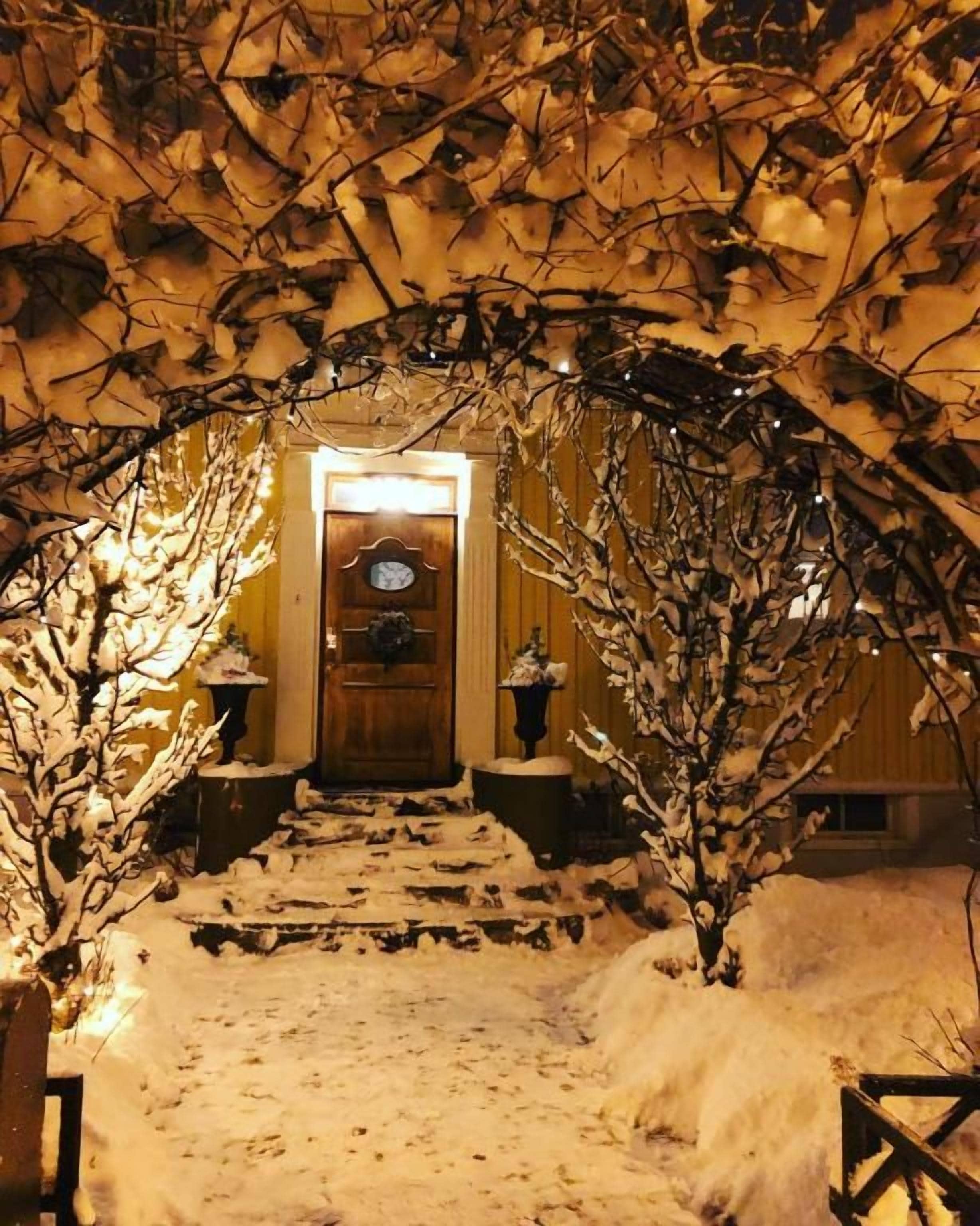 Un sendero cubierto de nieve que conduce a una puerta de madera con una luz encima, flanqueado por árboles nevados.