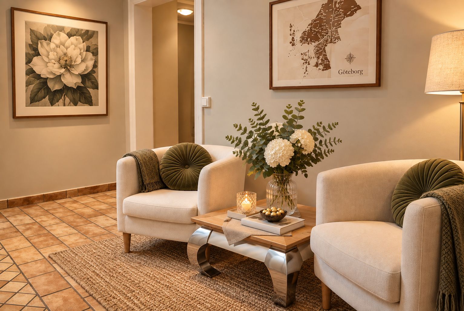 Una habitación con dos sillones, una mesa con un florero y un jarrón, un mapa enmarcado y una lámpara.