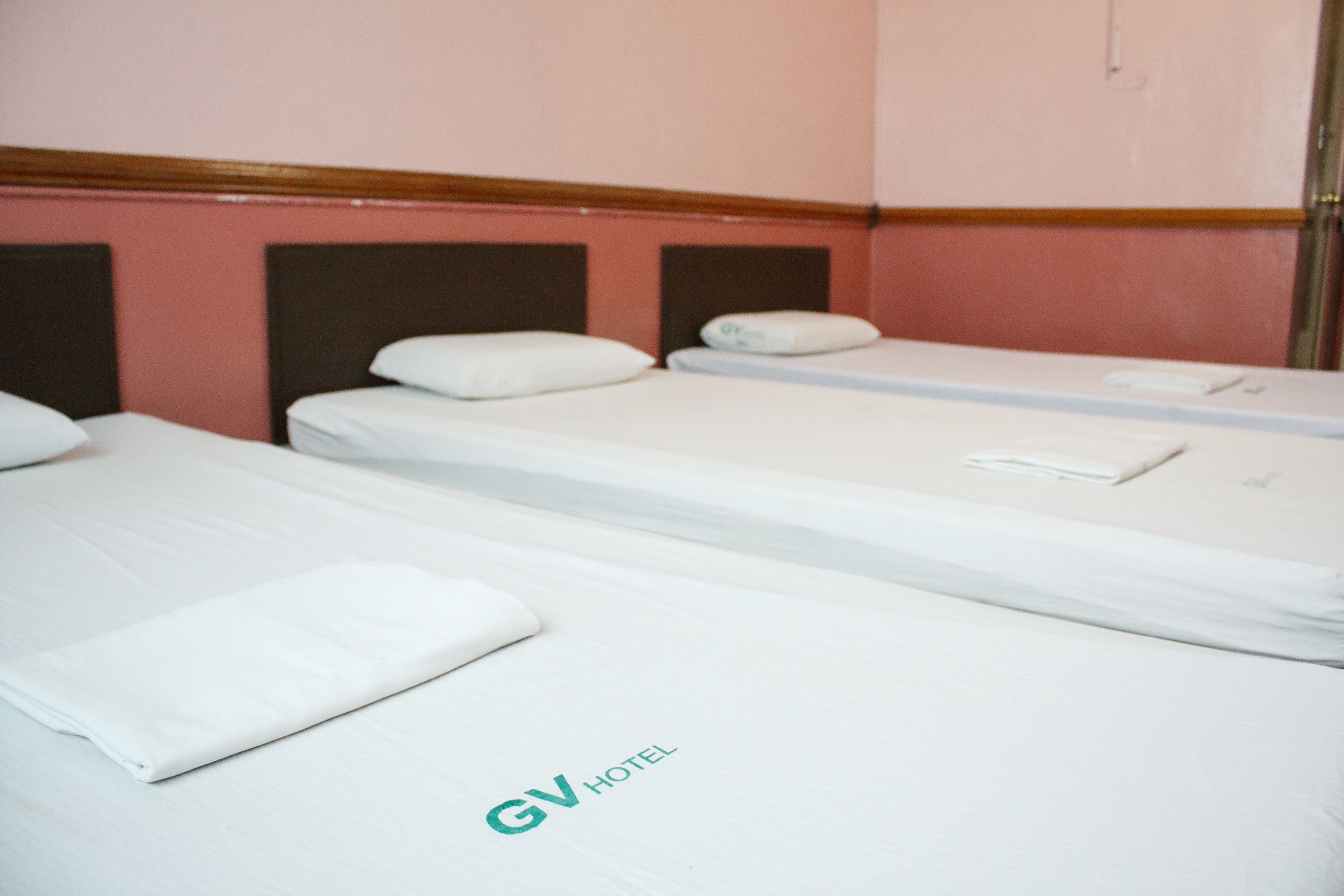 Habitación de hotel con dos camas individuales, cada una con almohada y manta. La habitación tiene un cabecero de madera y una pared rosa.