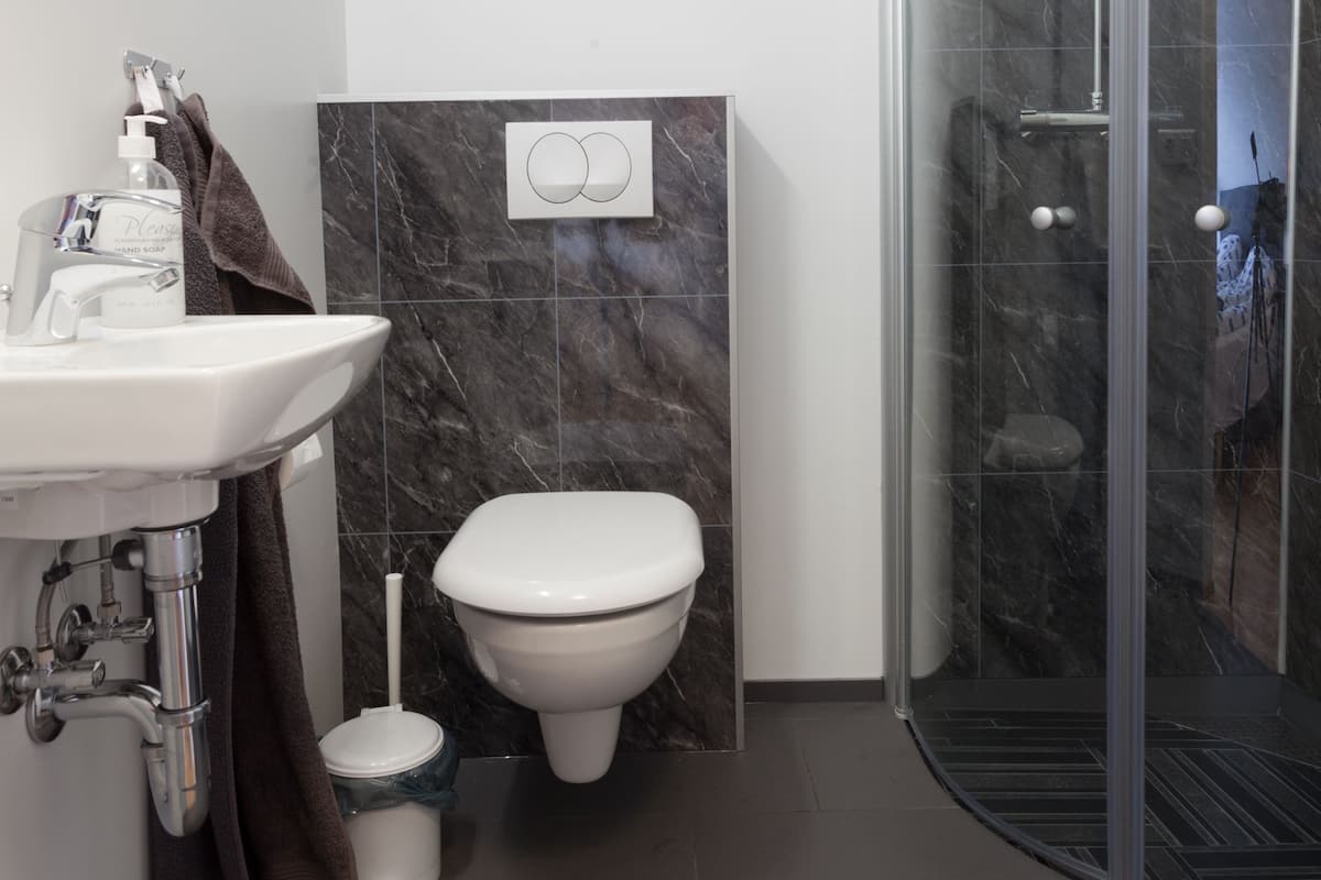 A modern bathroom with a glass-enclosed shower, a white sink, and a toilet.
