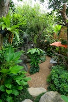Un exuberante jardín con un sendero de grava, una pequeña mesa con sombrilla y diversas plantas.
