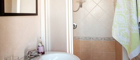 Baño con lavamanos, espejo, ducha y toallero.