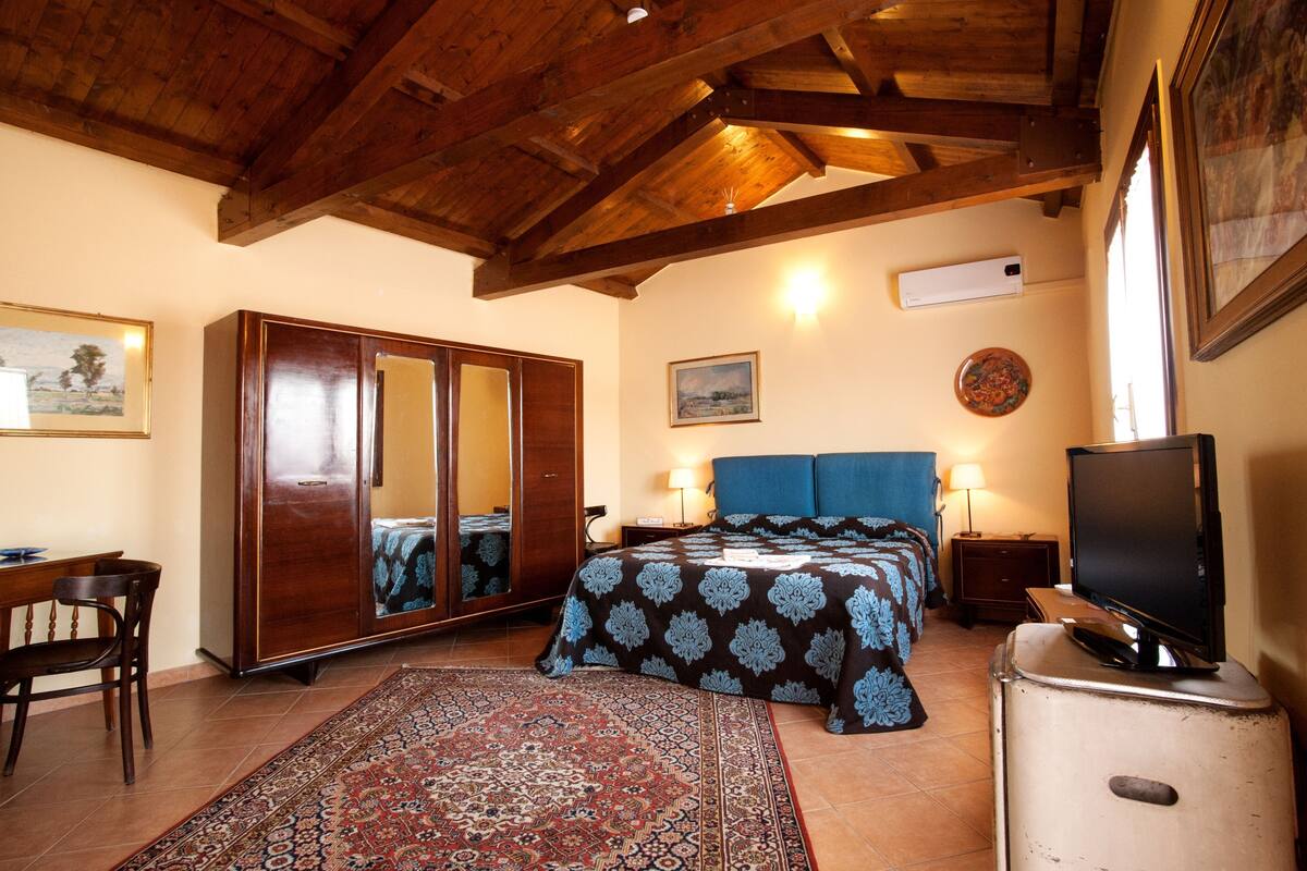 A bedroom with a wooden ceiling, a bed with patterned bedding, a television on a cabinet, and a dining area with a chair and table.