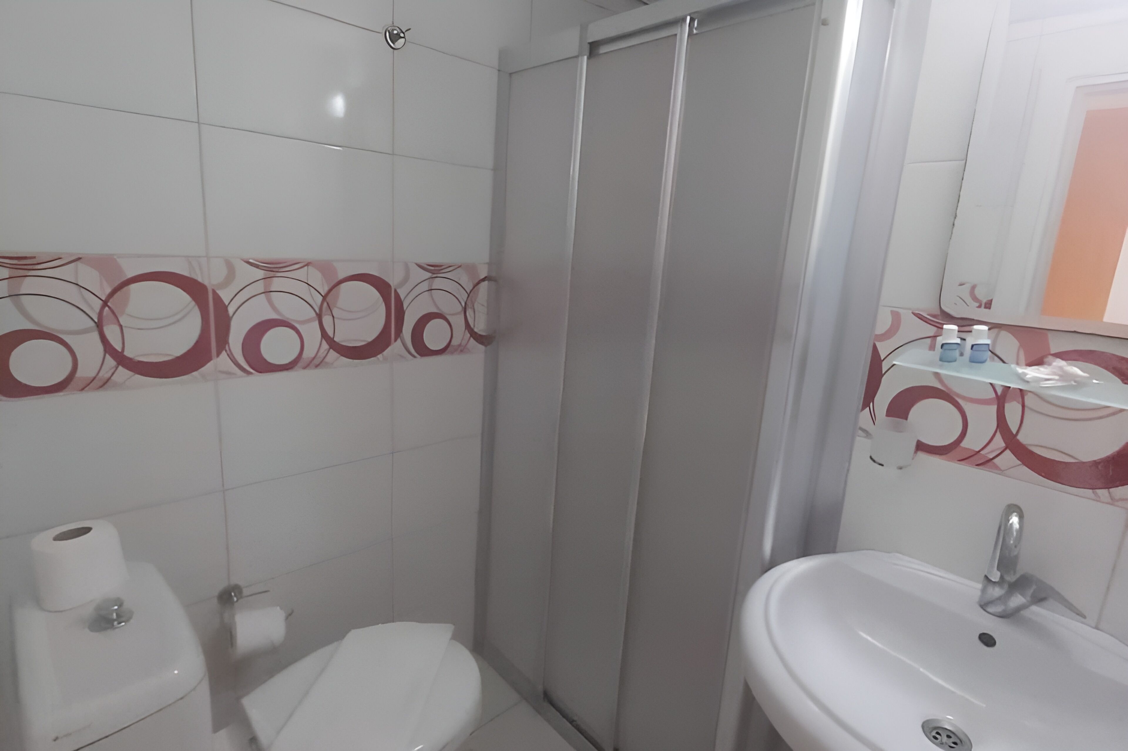 A bathroom with a toilet, a sink, and a shower.
