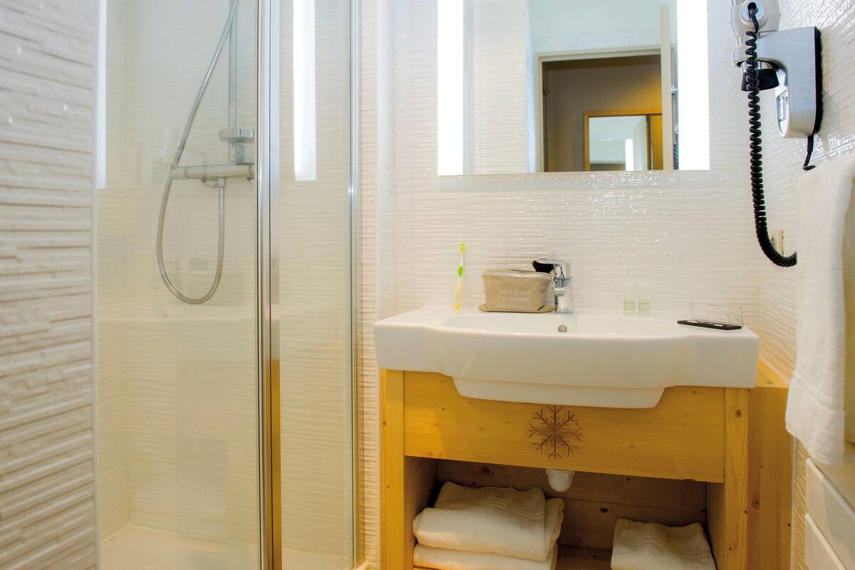 shower, free toiletries, hair dryer, towels