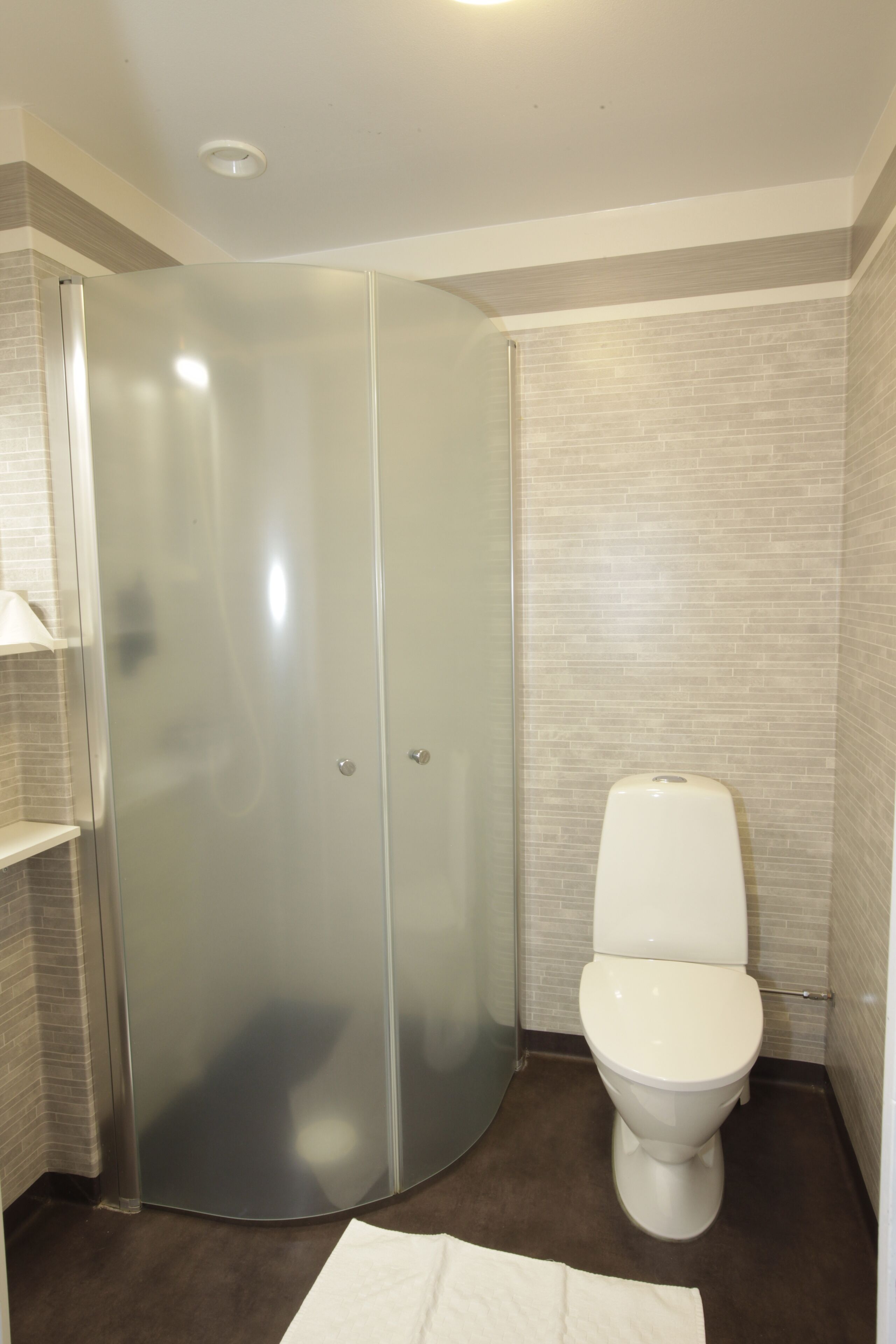 Une salle de bain avec une douche à parois de verre, des toilettes et un porte-serviettes.