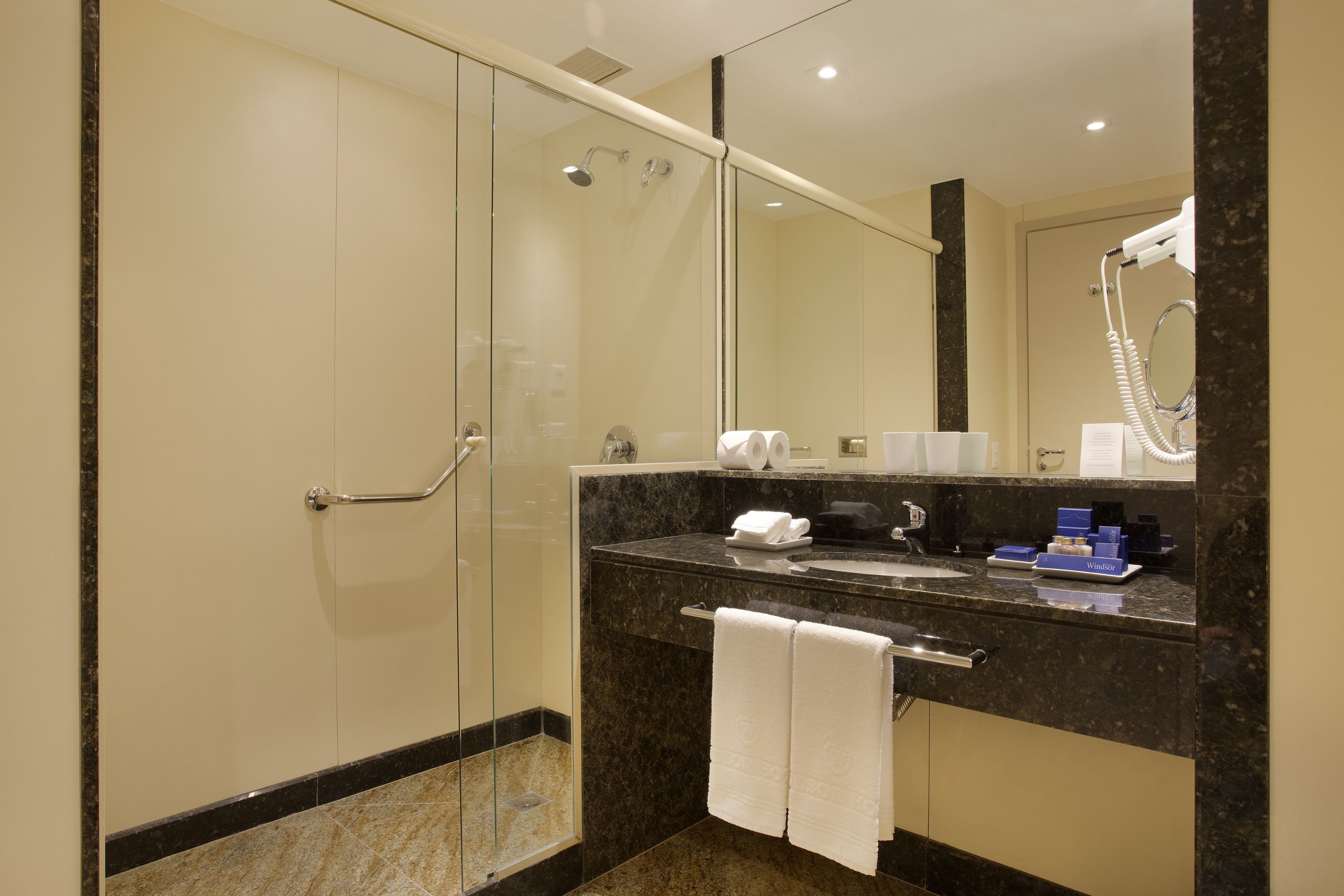 free toiletries, hair dryer, towels, soap