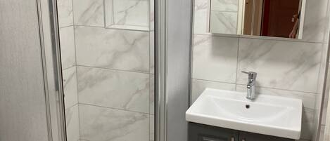 A bathroom with a glass-enclosed shower, a sink with a mirror above it, and a toilet.