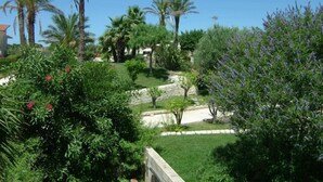 Un jardín ajardinado con palmeras, un muro de piedra y diversos arbustos.
