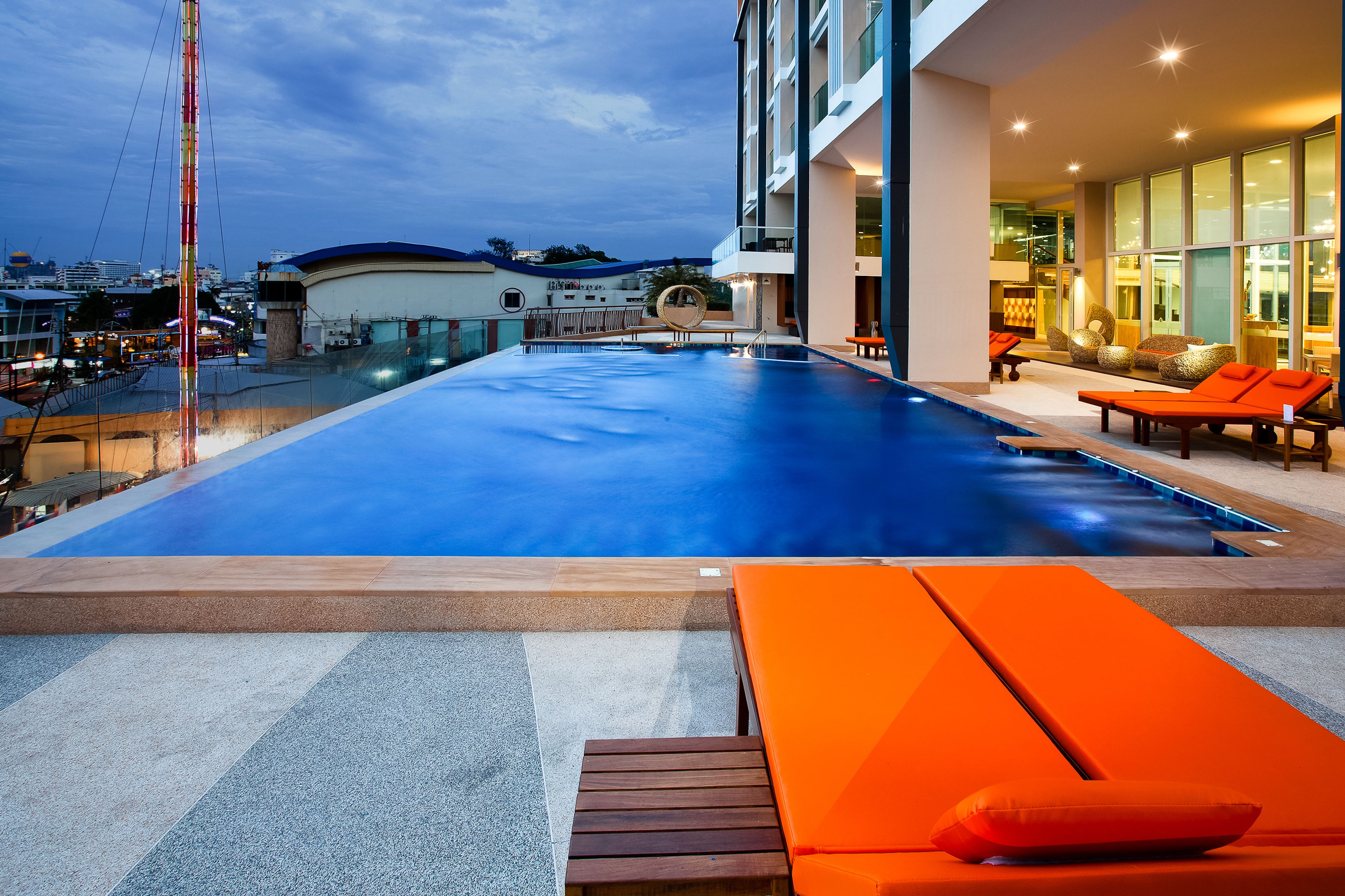 outdoor pool, pool loungers