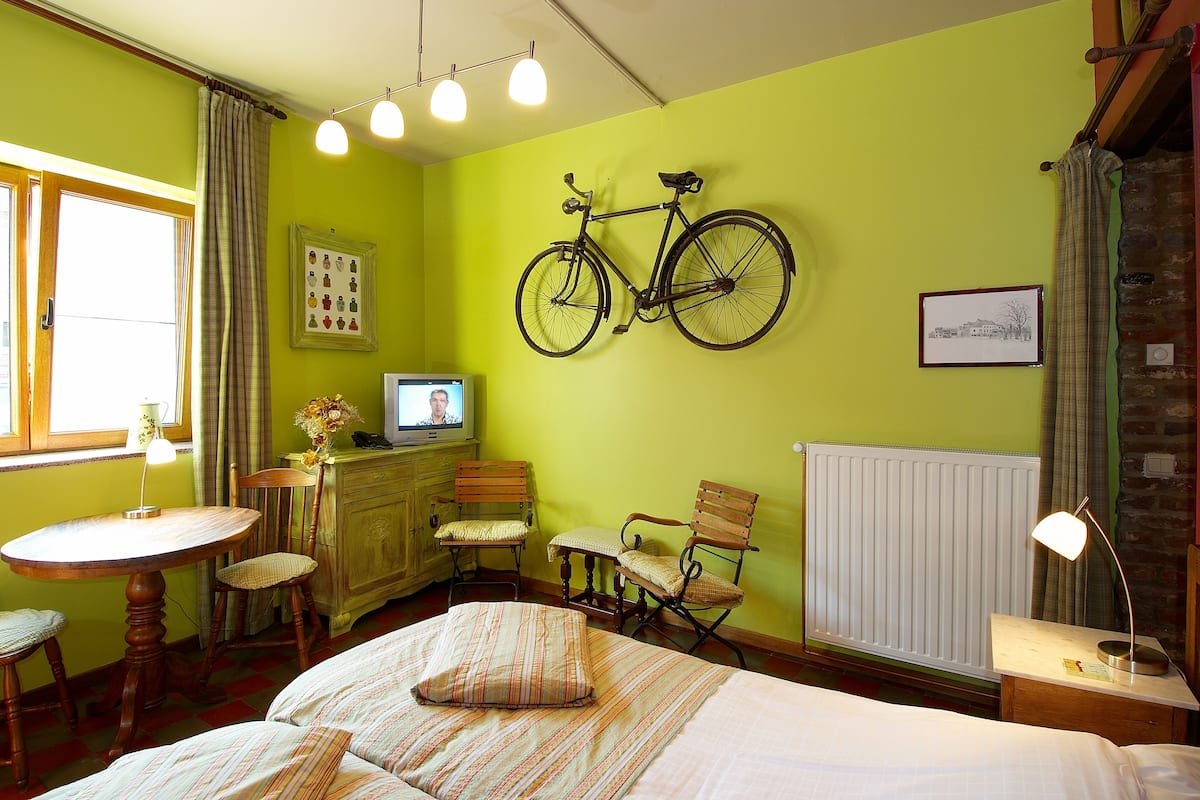 A room with a bed, a desk, a chair, a bicycle mounted on the wall, and a radiator.