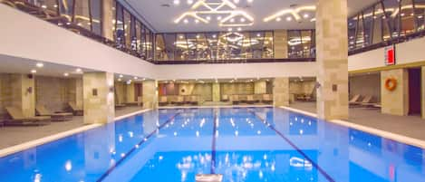 Indoor pool, open 10:00 AM to 6:00 PM, sun loungers