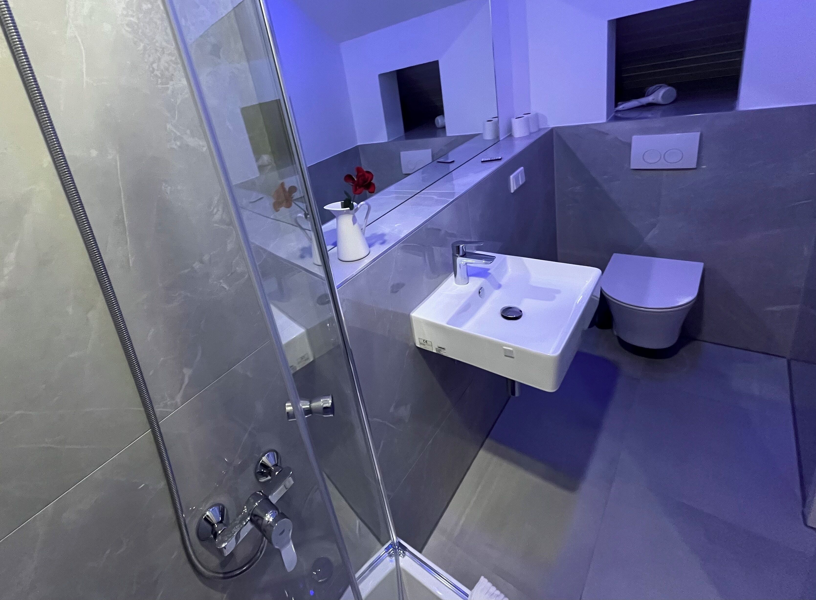 A modern bathroom with a glass-enclosed shower, a white sink, and a toilet.