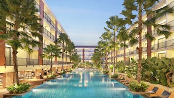 Outdoor pool, open 7:00 AM to 9:00 PM, pool umbrellas, sun loungers