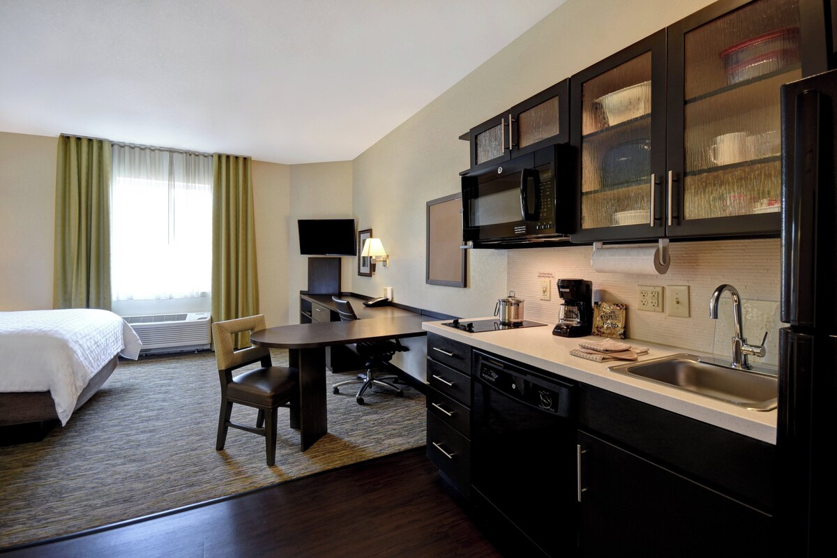 Desk, laptop workspace, blackout curtains, iron/ironing board