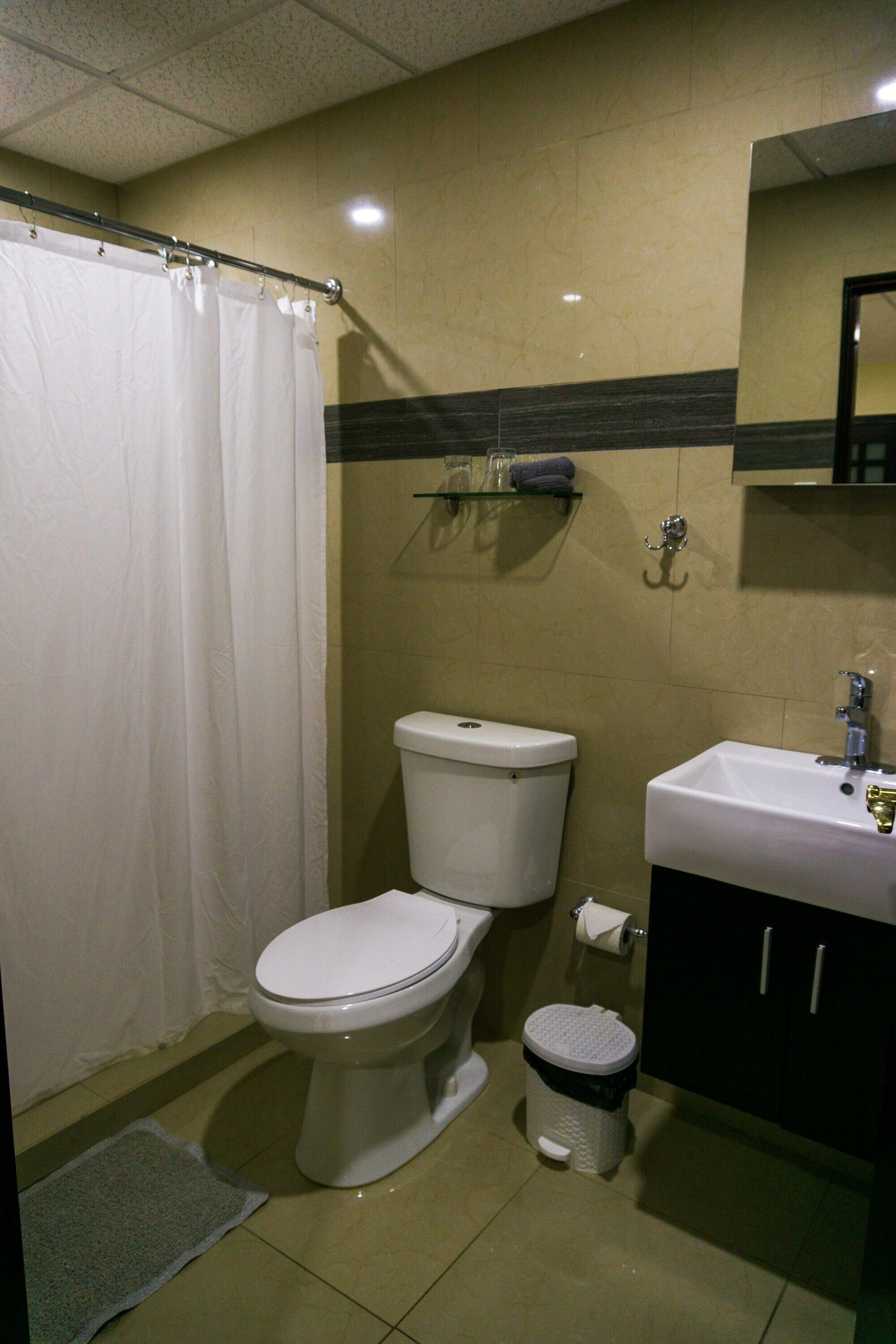 A bathroom with a toilet, sink, and shower curtain.