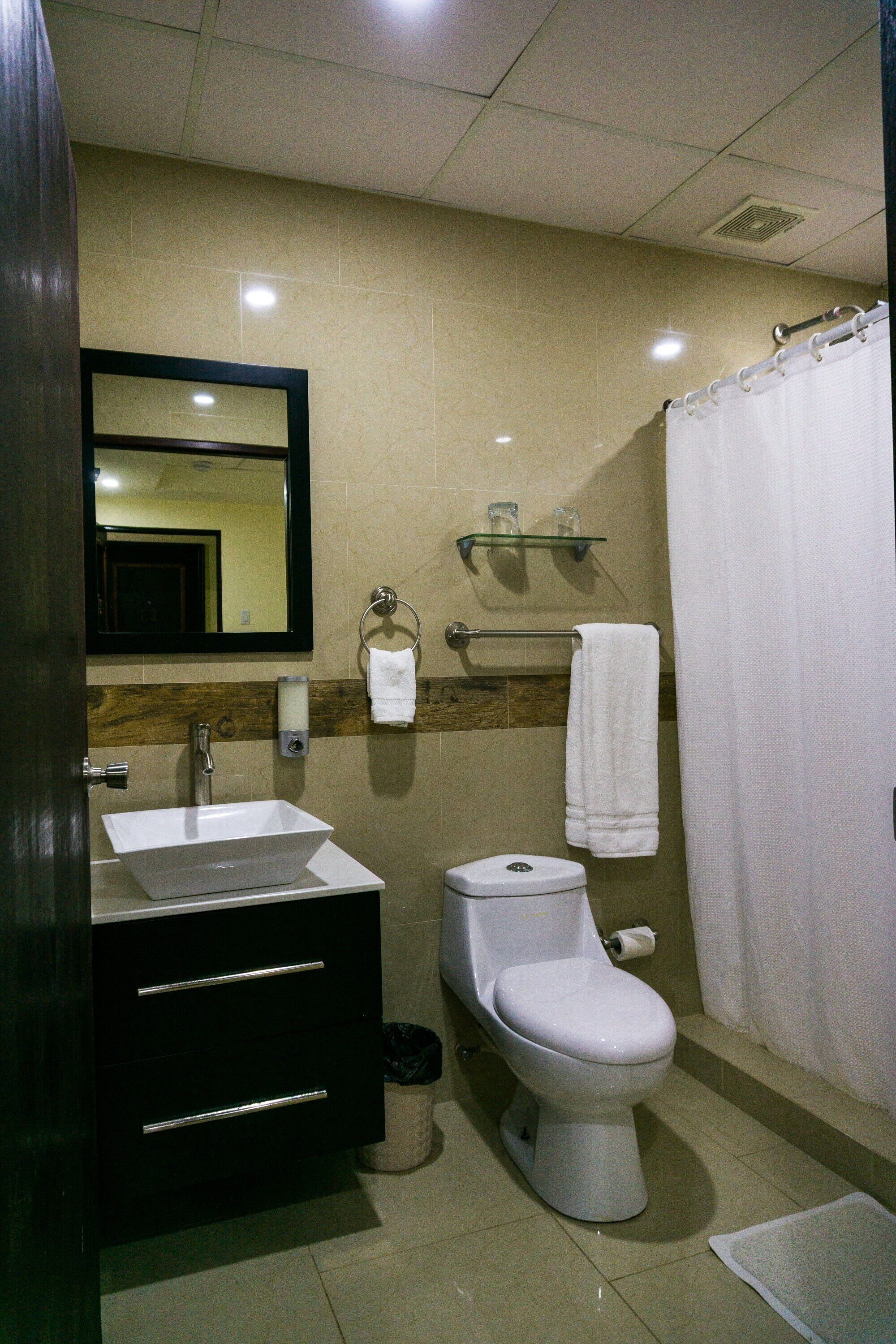 A bathroom with a white sink, a toilet, a mirror, and a shower curtain.