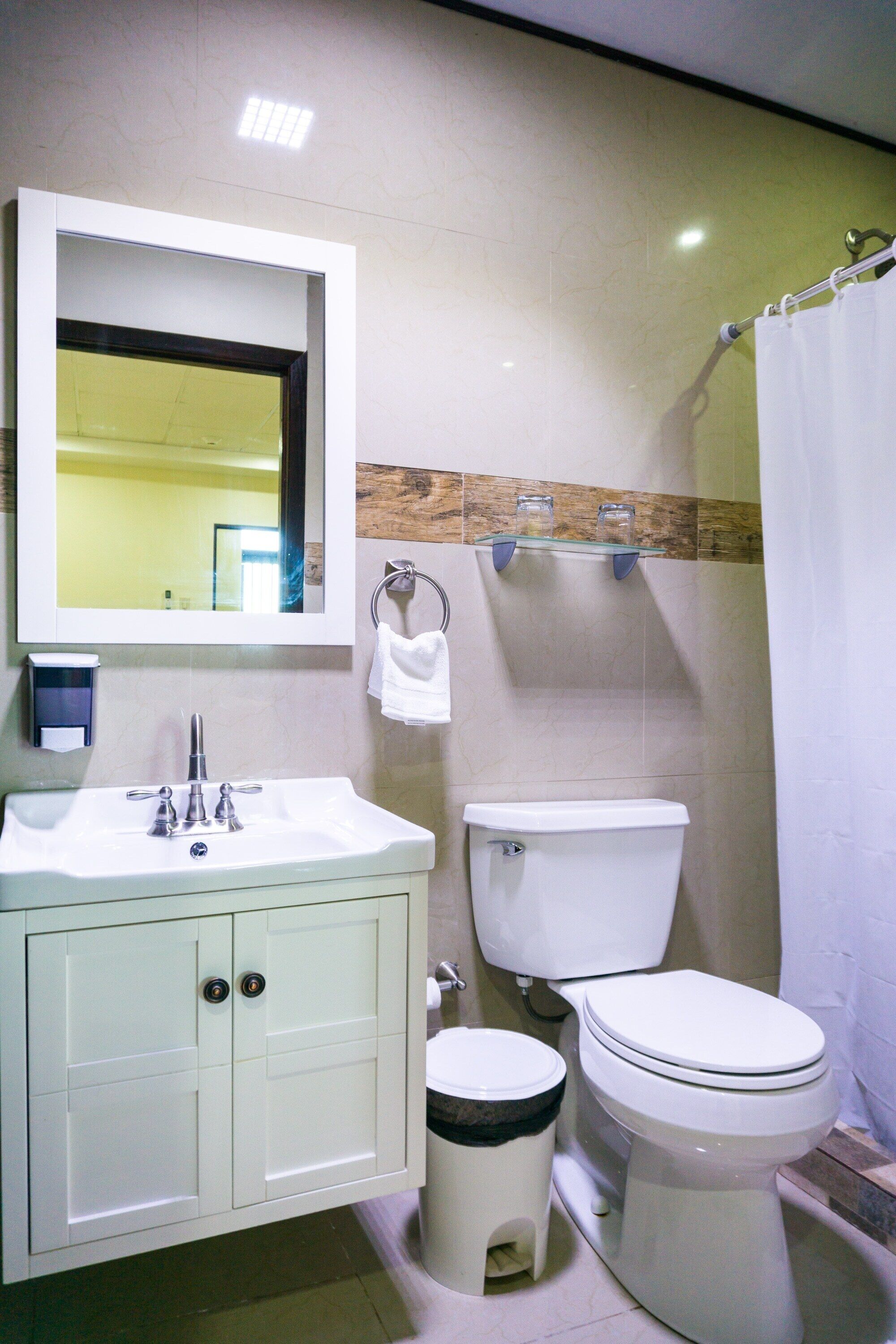A bathroom with a white sink, mirror, toilet, and shower curtain.