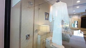 A bathroom with a glass shower enclosure, a toilet, and a large mirror reflecting a white robe hanging on a rack.